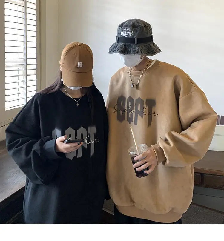 Suede Korean Trendy Round Neck Sweatshirt for Men American Retro Print Trendy Brand Autumn Loose Couple Wear Jacket Tops