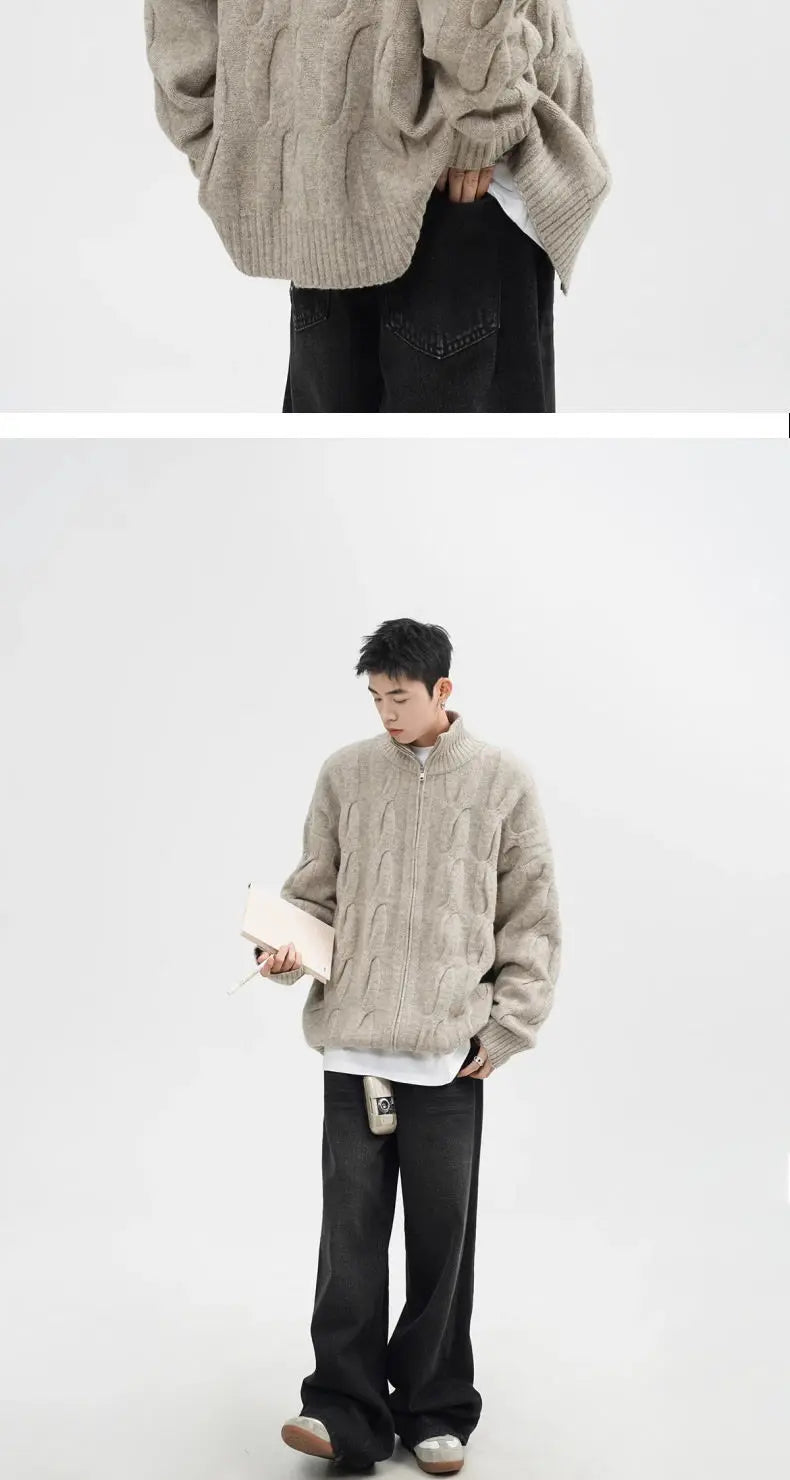 Autumn and Winter American New Style Men and Women Trendy Personalized Stand up Collar Knitted Shirt Couple Loose Retro Simple