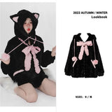 Harajuku Little Wildcat Hoodies Women Bodysuit Black Tie Bowknot Cute