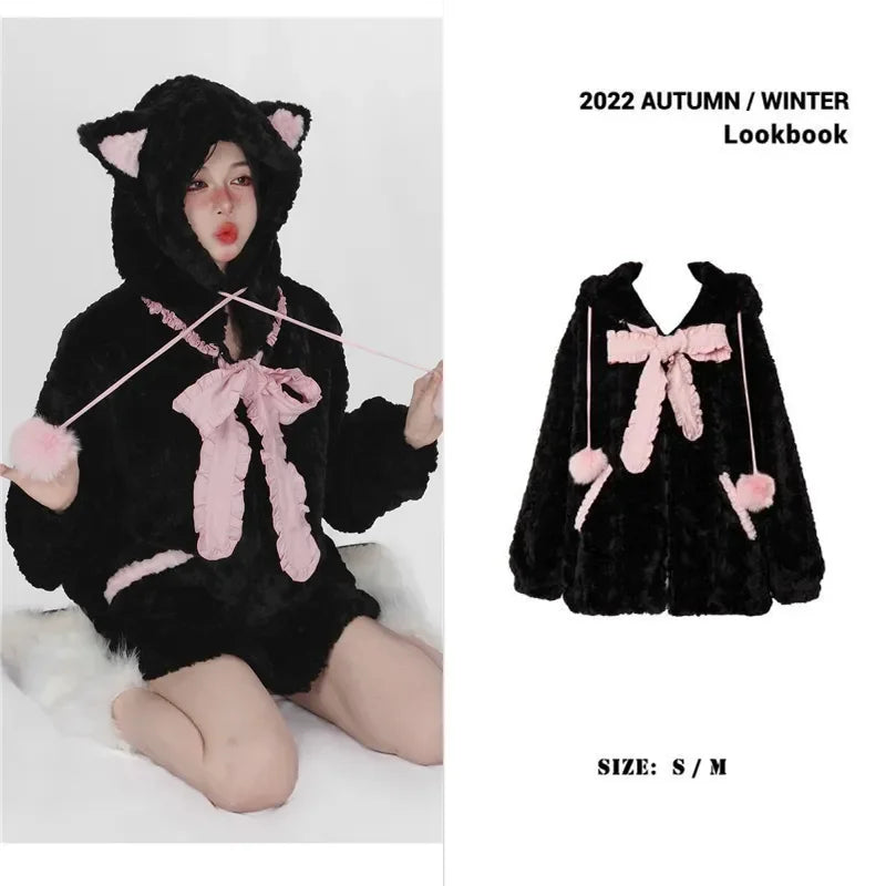 Sadcore Shirt – Harajuku Little Wildcat Hoodies Women Bodysuit Black Tie Bow – Streetwear Fashion for Men & Women