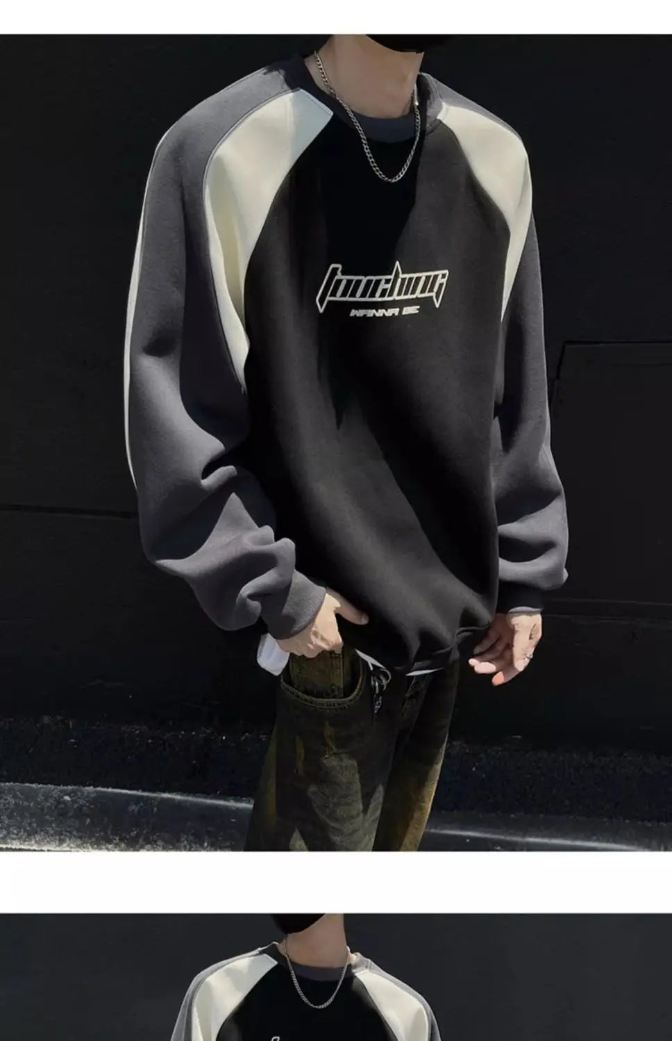 Motorcycle Style Round Neck Sweatshirt Men 2024 Spring Autumn Niche Contrasting Color Pullover Hot Top