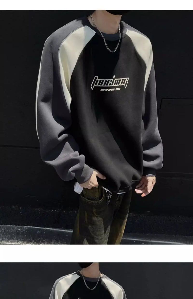 Trendy Personality Korean Motorcycle Style Round Neck Sweatshirt Men 2024 Spring Autumn Niche Contrasting Color Pullover Hot Top