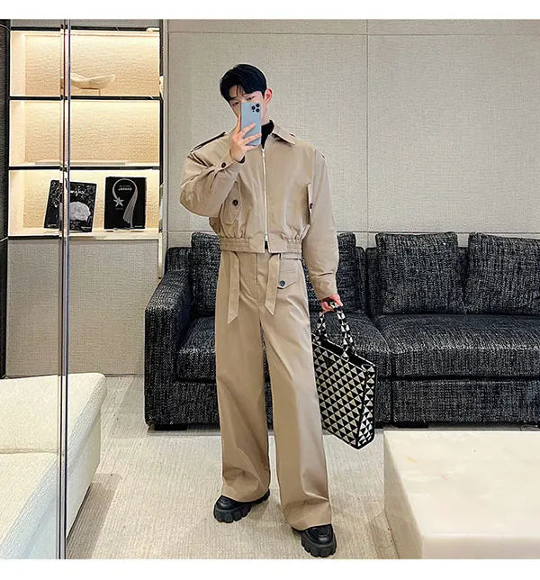 men 2 pieces sets quilted short cargo jacket pant autumn winter korean streetwear casual thicken bomber coat trousers suits unique cargo style 2757