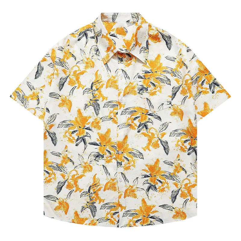 Casual Fashion Hawaiian Shirts Flower Pattern Half Sleeve Shirt Beach Fashion Versatile
