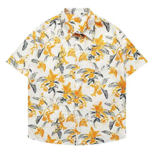 Casual Fashion Hawaiian Shirts Flower Pattern Half Sleeve Shirt Beach Fashion Versatile