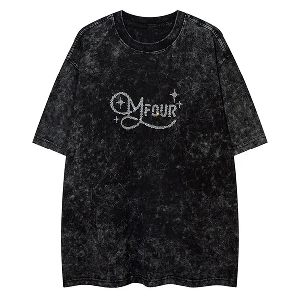 Vaporwave Broken heart – Men Retro T Shirts Rhinestone Wing Washed Short Sleeve T Shi