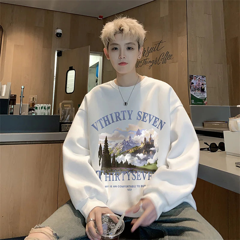 Autumn Oil Painting Landscape Print Cotton Sweatshirt Men Loose Casual Crewneck Pullover Hoodies Korean