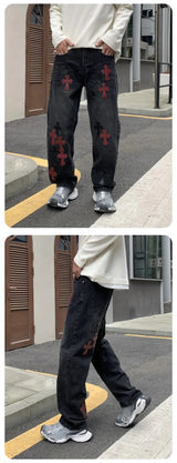 men embroidery streetwear brand fashion hip hop loose casual straight motorcycle denim jeans pant cityboy y2k jeans trousers stacked flare jeans