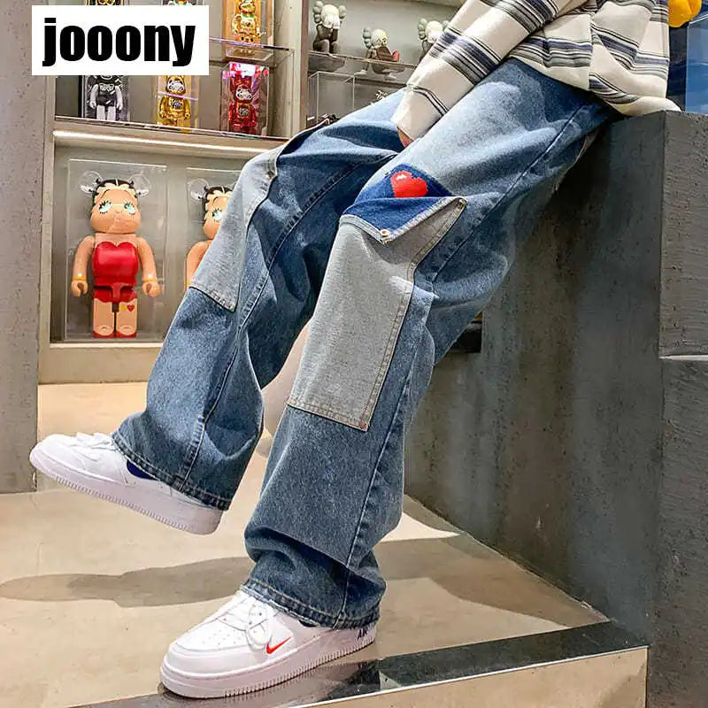 men jeans patchwork multi pocket couple denim pants beggar style cargo pants high street casual male streetwear multi-pocket cargos