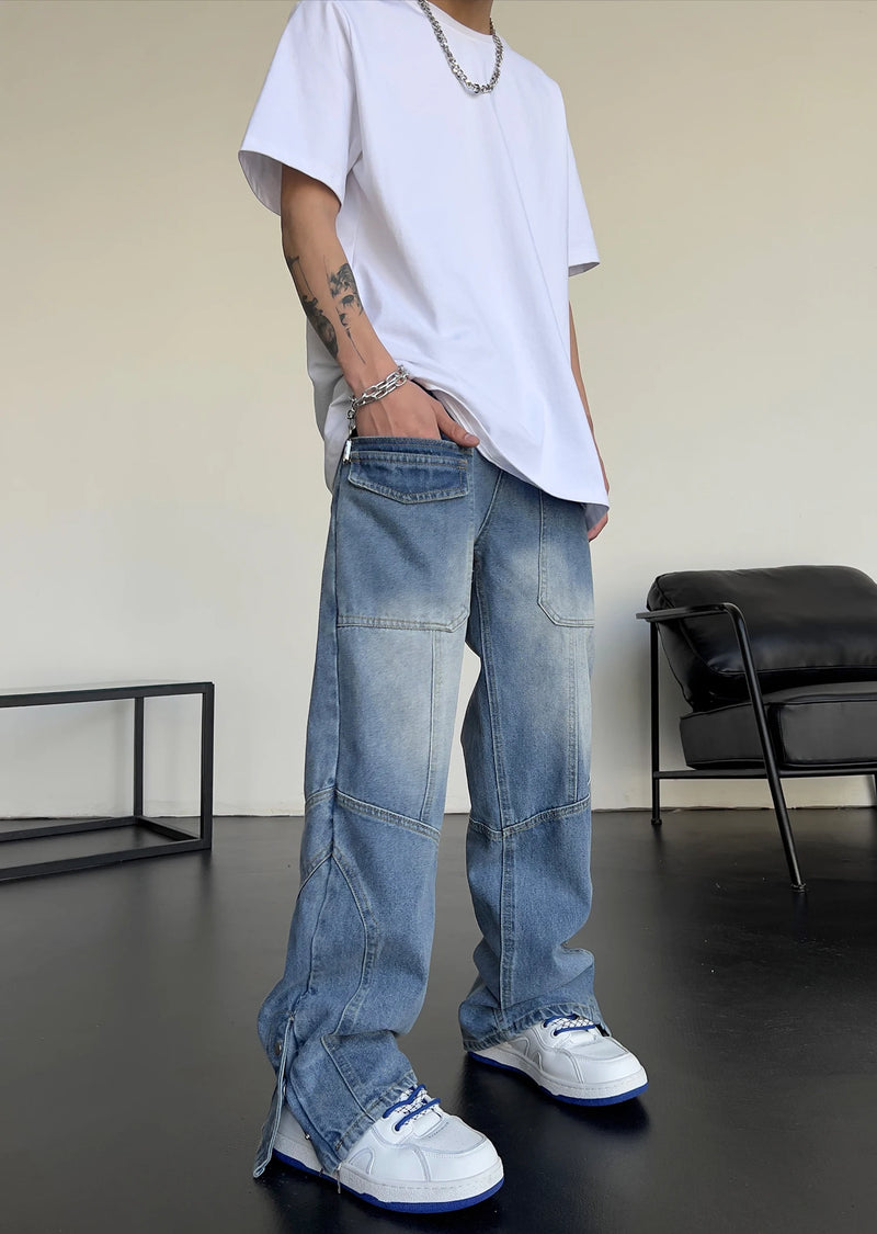 fashion straight denim jean pants unisex casual bottom button open pants high street cargo trousers hip hop zipper joggers men unique joggers style 3239
