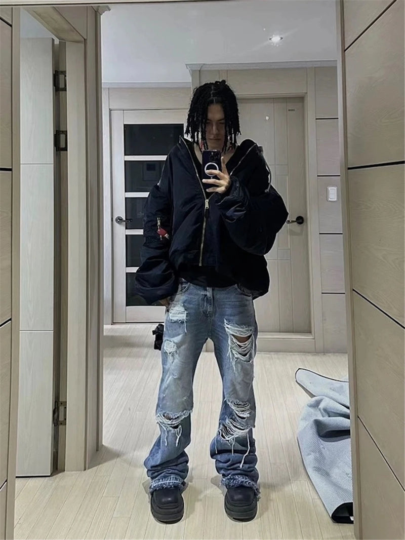 vintage ripped flared jeans blue straight baggy jeans trousers streetwear luxury loose casual distressed denim pants male unique jeans style 600