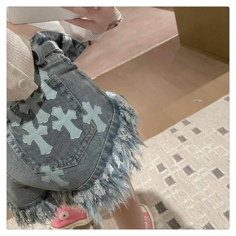 Raw Edge Fringe Gothic Style Denim Shorts Female Summer American Street High Waist Design Sense Casual A Word Super Short