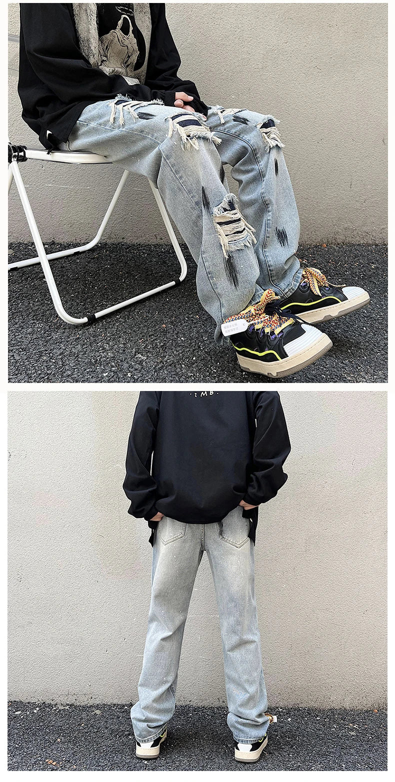 graffiti printed ripped destroied denim jean mens distressed biker jeans trousers new fashion high street straight pants joggers unique joggers style 2737