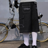 y2k streetwear multi pockets embroidery washed summer jeans shorts for men wide leg baggy casual denim over knee length pants unique jeans style 4741