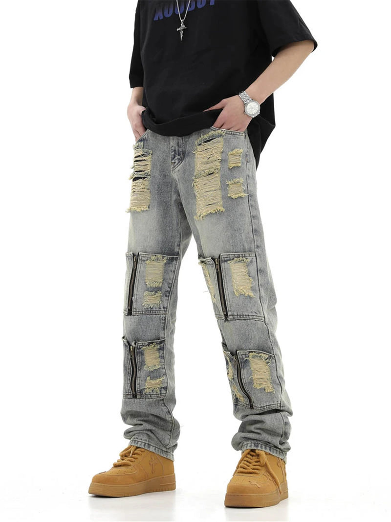 2024 ripped jeans high street straight trousers destroyed hole baggy denim pants vintage retro hip hop 1 unique jeans style 4630
