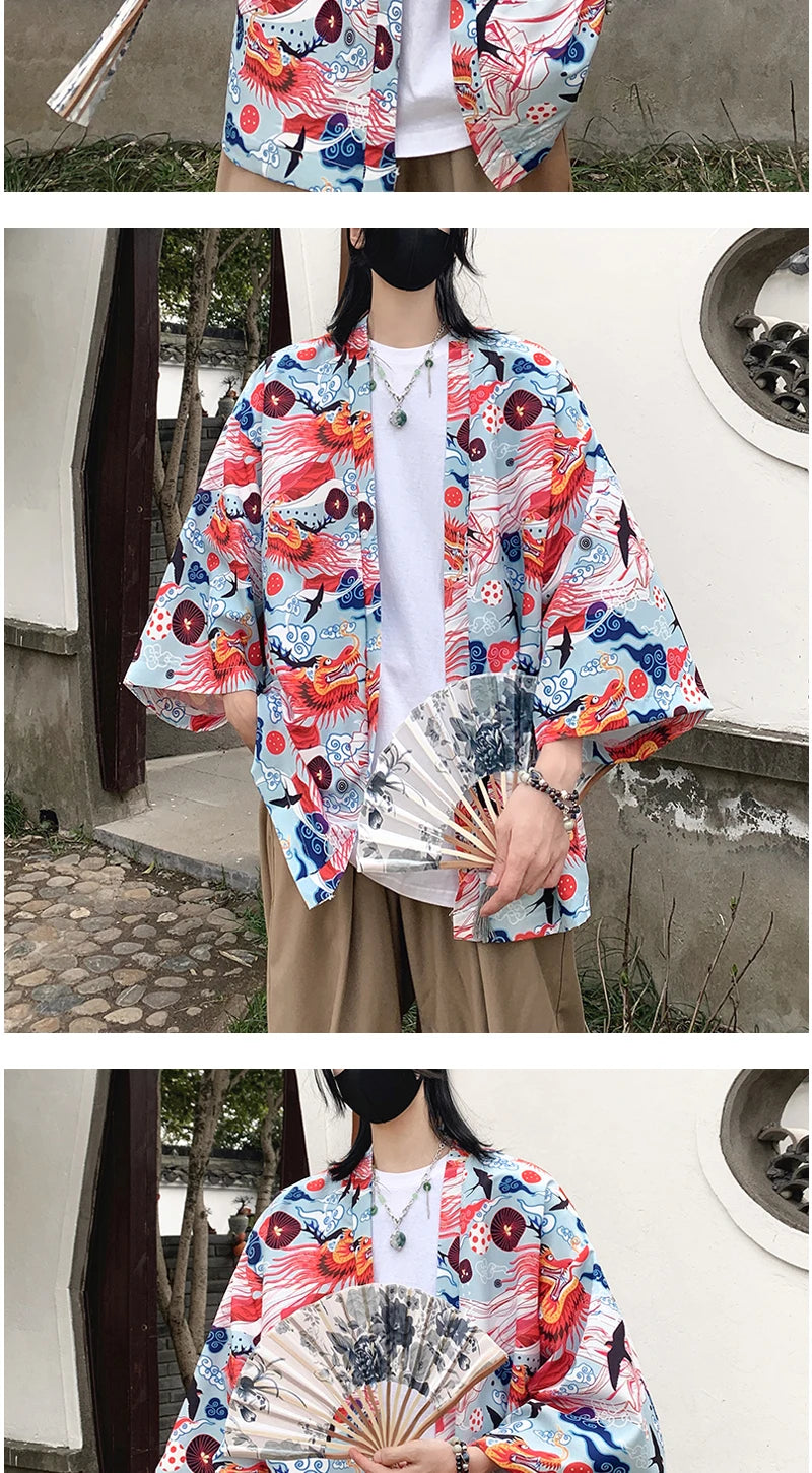 Japanese Style Men's Lightweight Kimono Jacket Dragon Print Kimono Cardigan New Arrival Street Shirt Harajuku Kimono Couple Tops