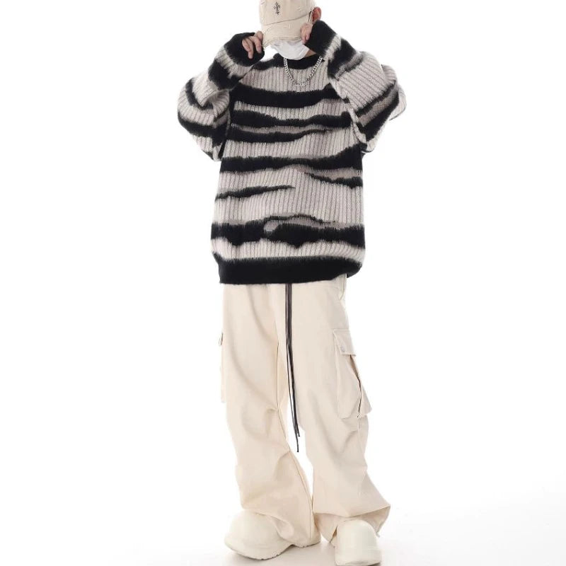 korean hip hop set men striped vintage knit sweater drawstring big pocket cargo pants 2 pcs set spring college casual suit 2024 combat utility trousers