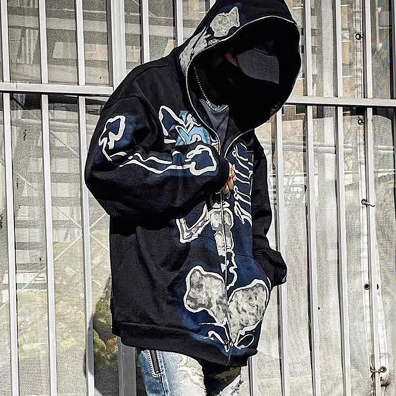 glitchcore barcode glitch featuring cactus jack fashion skull skeleton hoodie zip up plush hoodie cardigan kanye oversized zipper hoodies y2k men black clothes