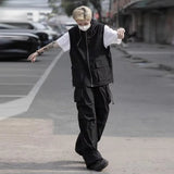 summer casual sleeveless set men hip hop loose hooded vest pockets straight leg cargo pants 2 piece outdoors sports camp suit unique cargo style 4421