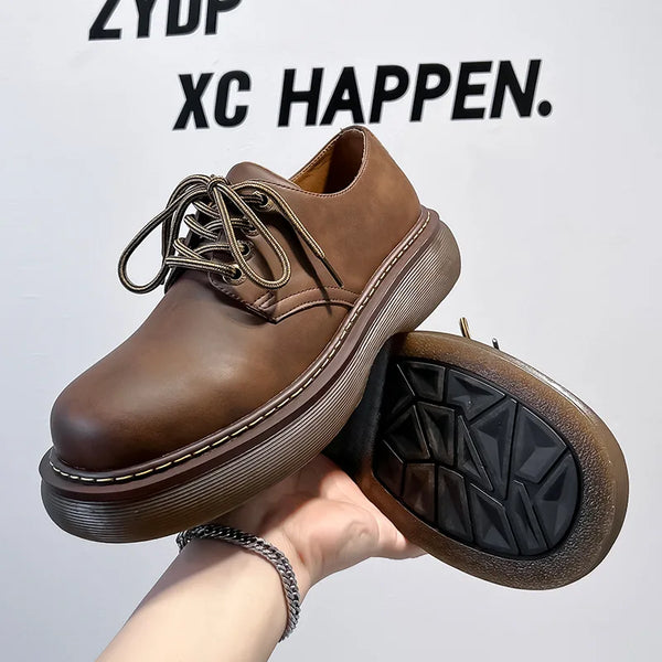 High Street Vintage Brown Big Toe Leather Shoes Men Women Streetwear Fashion Hip Hop Casual Increase Derby Shoes