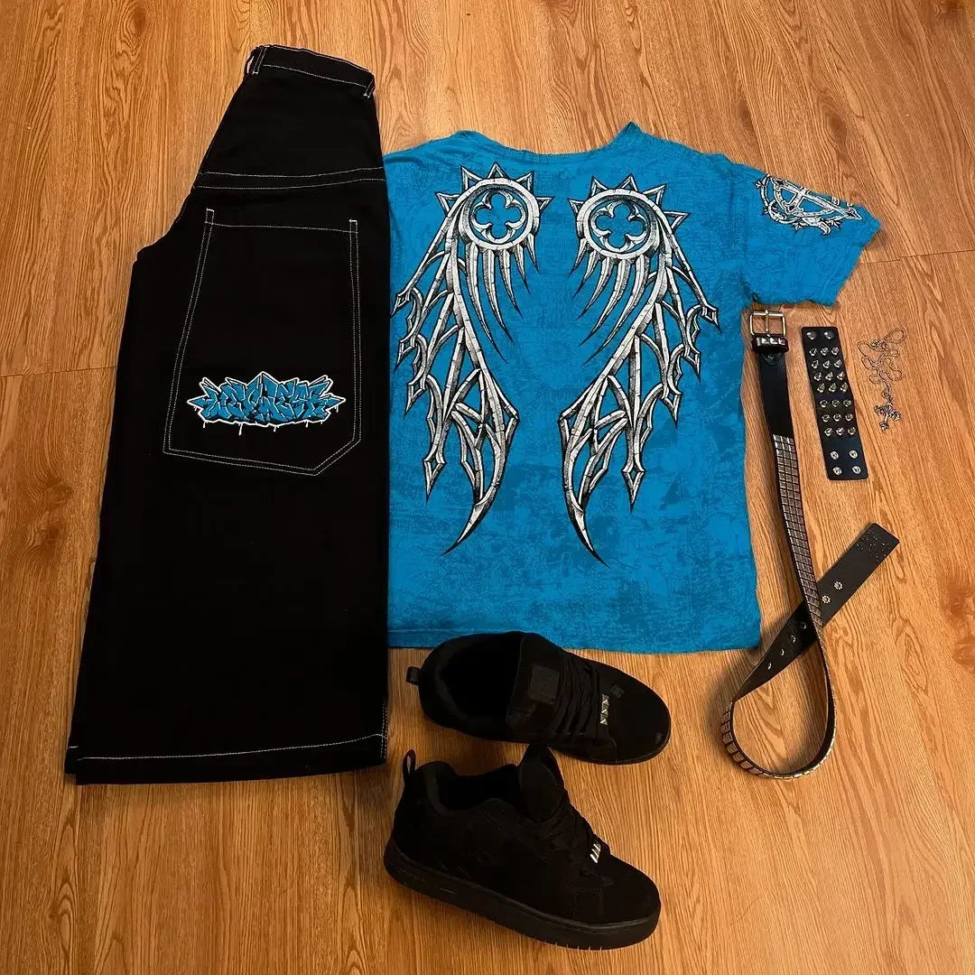 harajuku tapout and wexwear suit graphic embroidered jeans black y2k skateboard pants jeans tracksuit t shirt for men streetwear stacked flare jeans