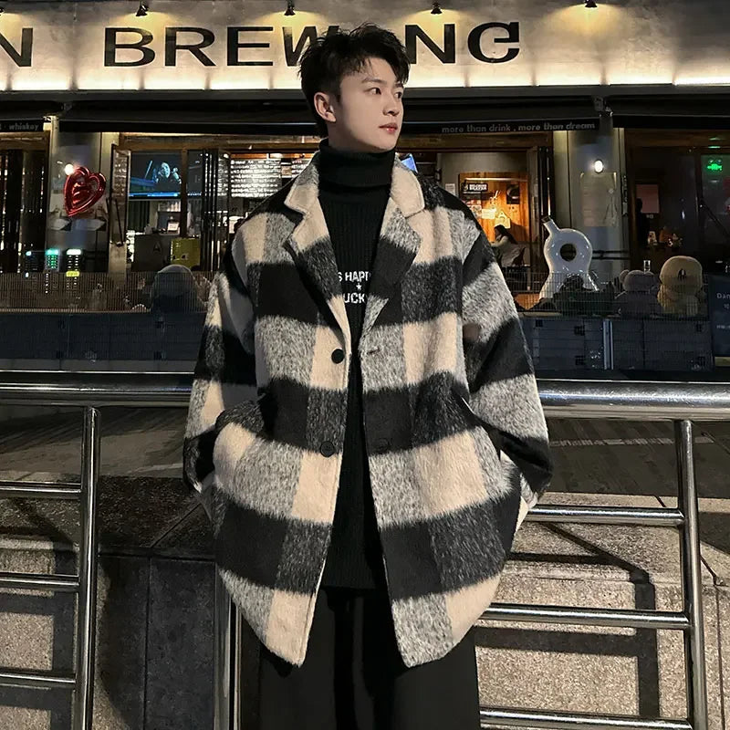 Plaid Woolen Trenchcoat Men Autumn Winter Fashion Retro Streetwear Suit Collar Loose Casual Trendy Trench Coat Outerwear