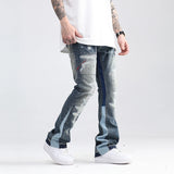 blue speckle ink washed destroyed flared jean pants hip hop graffiti ripped denim jeans for men streetwear vintage wide jeans unique jeans style 4457