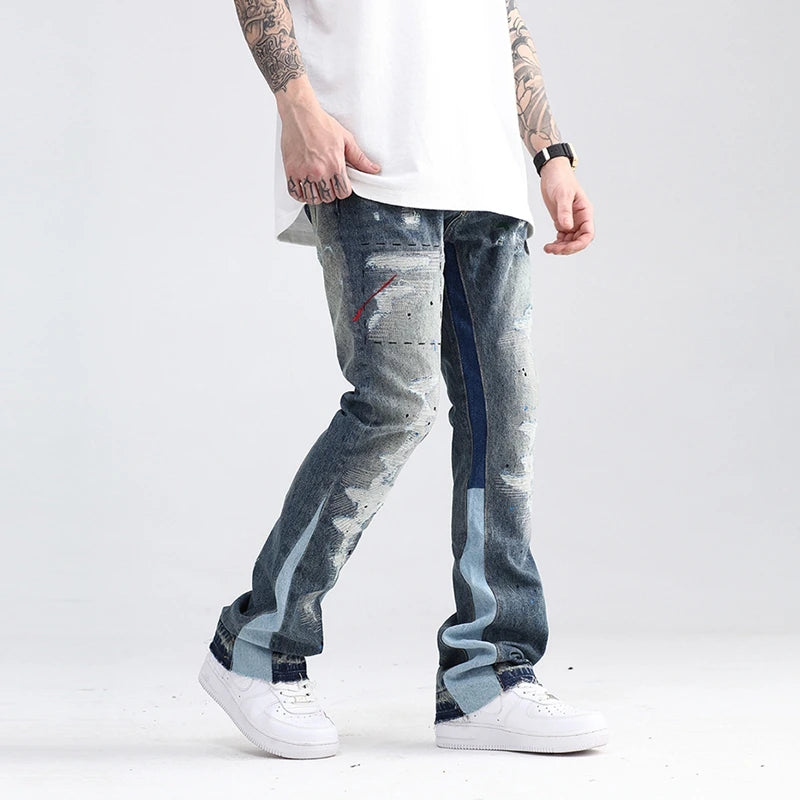 blue speckle ink washed destroyed flared jean pants hip hop graffiti ripped denim jeans for men streetwear vintage wide jeans unique jeans style 4457
