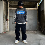 hip hop knitted pullover, bold design pullover, cozy fashion fit, stylish street outfit, modern aesthetic appeal