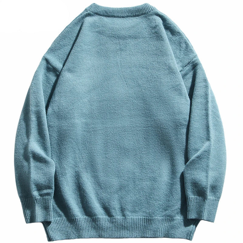grunge knit sweater with heavyweight fabric, layered urban look for cold weather, street fashion menswear trend for seasonal 