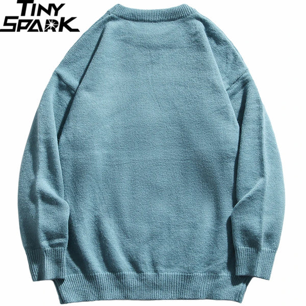 grunge knit sweater with heavyweight fabric, layered urban look for cold weather, street fashion menswear trend for seasonal 