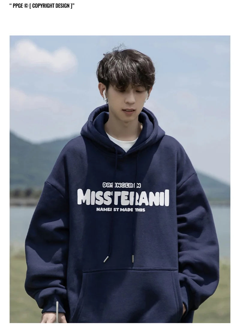 American Retro Casual Hoodies For Men Letter Printed Loose Fit Hooded