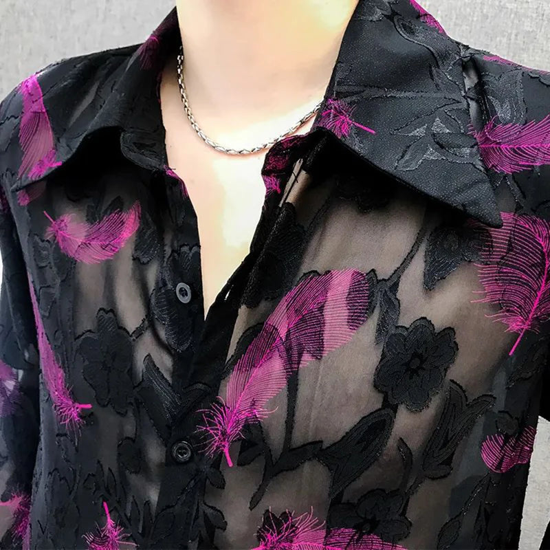 Mens Feather Embroidery Sexy Mesh Perspective Long-Sleeved Shirt Autumn Genderless Fashion Nightclub Hollow Thin Top Unisex