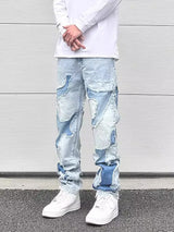 streetwear swag style blue frayed jeans pants for men retro washed ripped casual tapered denim trousers slim fit y2k jean male unique jeans style 60