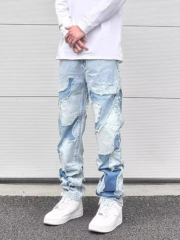 streetwear swag style blue frayed jeans pants for men retro washed ripped casual tapered denim trousers slim fit y2k jean male unique jeans style 60
