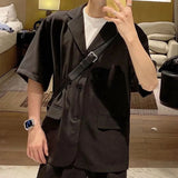 Men  Casual Suit Trendy New Neutral Solid Blazer Collar Shirts LGBT Design Short-sleeved Blouse Shorts Two-piece Set