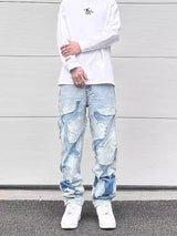streetwear swag style blue frayed jeans pants for men retro washed ripped casual tapered denim trousers slim fit y2k jean male unique jeans style 63