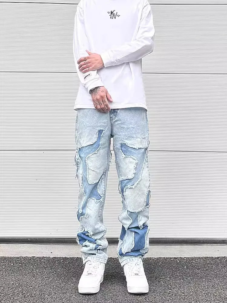 streetwear swag style blue frayed jeans pants for men retro washed ripped casual tapered denim trousers slim fit y2k jean male unique jeans style 63
