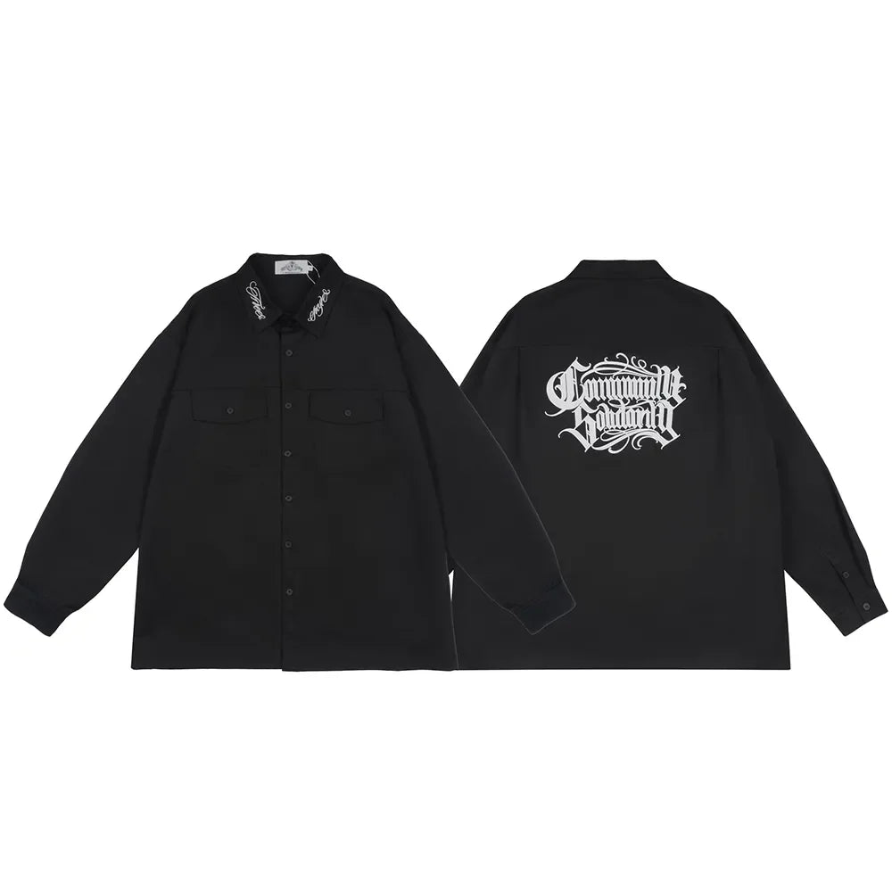Neck Letter Embroidery Vintage Black Shirts for Men and Women Lapel Streetwear Baggy Camisas Y2k Ropa Hombre Casual Clothing
