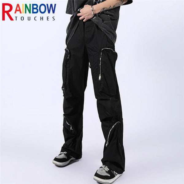 rainbowtouches fashion classic brand mens cargo pants casual zipper pocket design trousers loose straight tooling style overalls utility cargo pants