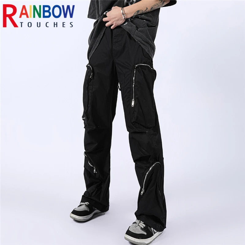 rainbowtouches fashion classic brand mens cargo pants casual zipper pocket design trousers loose straight tooling style overalls utility cargo pants