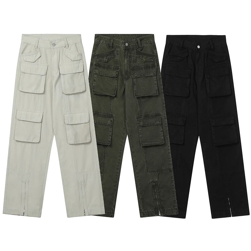 mens loose streetwear cargo straight pants high street casual bottom zipper multi pocket trousers hip hop safari style joggers unique joggers style 3298