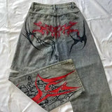 american y2k new fashion pattern embroidered spot straight jeans men street hip hop retro loose wide leg pants couple punk jeans unique jeans style 2918