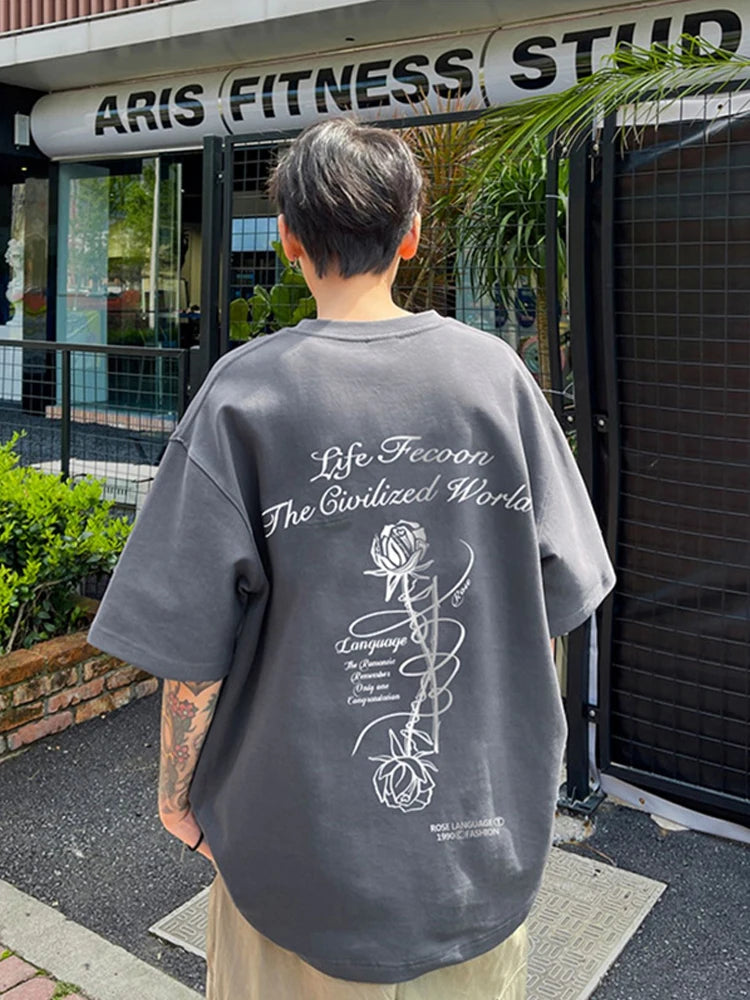 Y2k Angelcore design – Gothic Letter Rose Printed T Shirt Men Hip Hop Fashion Overs