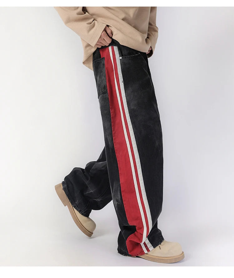 men streetwear fashion side splice hip hop loose casual wide leg straight baggy jeans pant cityboy jeans pants trousers unique jeans style 2626