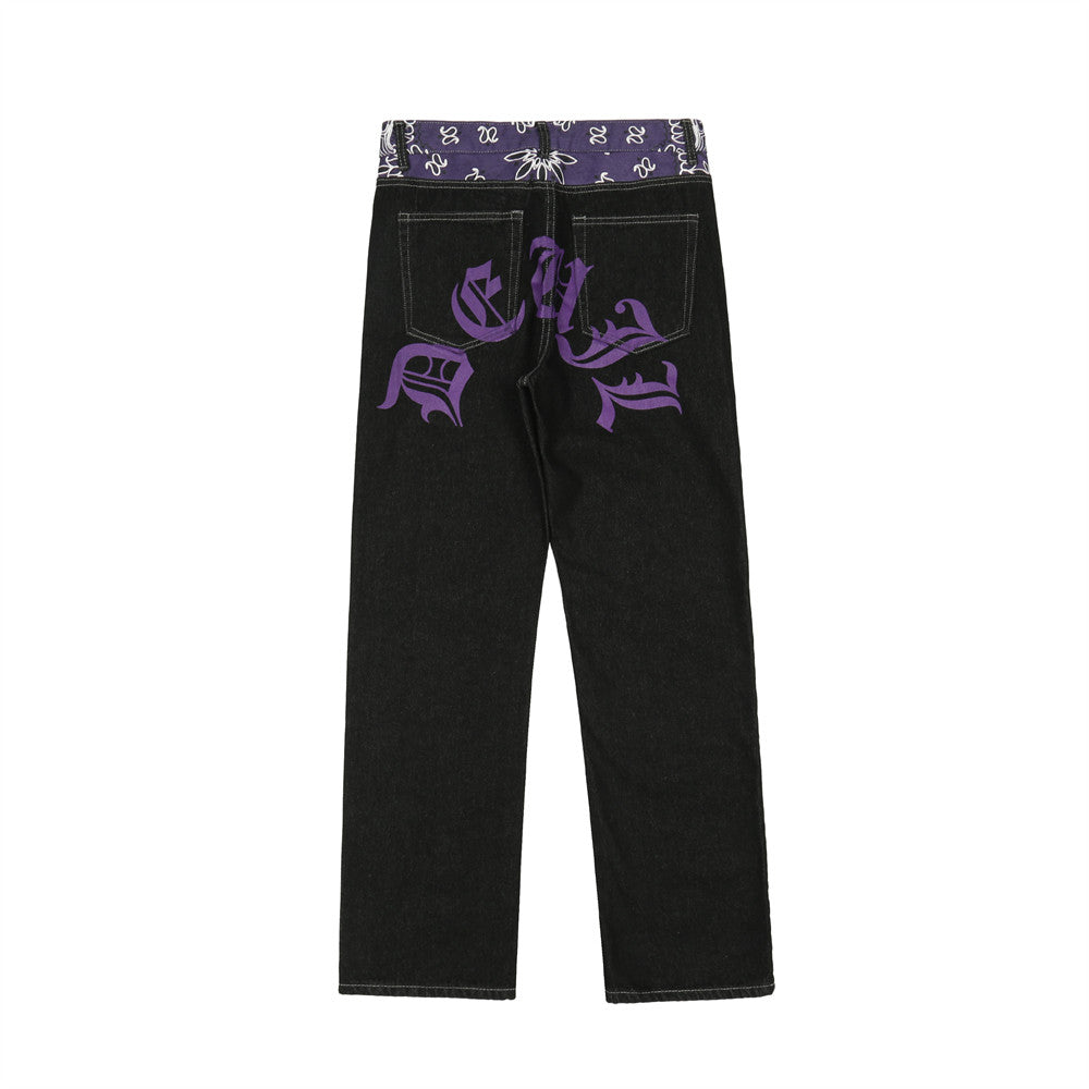 y2k retro sanskrit black jeans street casual pants punk male hip hop print loose harajuku mens straight pants ins hot sale unique jeans style 4775
