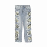 side destroyed ripped holes denim jeans pants mens casual patchwork camouflage loose straight joggers hip hop streetwear jeans unique joggers style 4073