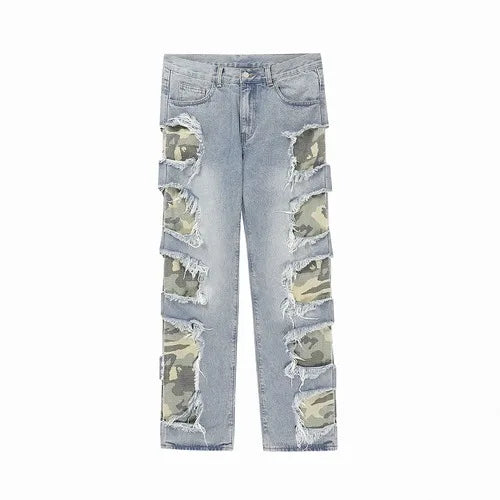 side destroyed ripped holes denim jeans pants mens casual patchwork camouflage loose straight joggers hip hop streetwear jeans unique joggers style 4073