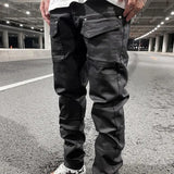 streetwear kanye slim fit feet coated black jeans pants for men pocket brushed wax tapered pants man casual cargo jeans y2k baggy cargo bottoms
