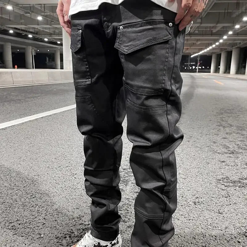 streetwear kanye slim fit feet coated black jeans pants for men pocket brushed wax tapered pants man casual cargo jeans y2k baggy cargo bottoms